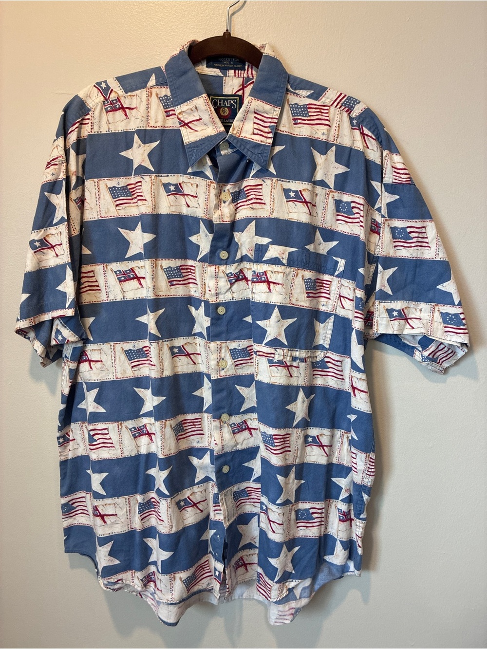 Chaps Men’s Blue, White & Red Star and Flag Print Short-Sleeve Button-Up Shirt